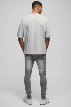 New boohooMAN Skinny Stretch Ripped Jeans In ice grey