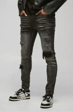 Best boohooMAN Skinny Stretch Rip & Repair Self Fabric Jeans mid grey