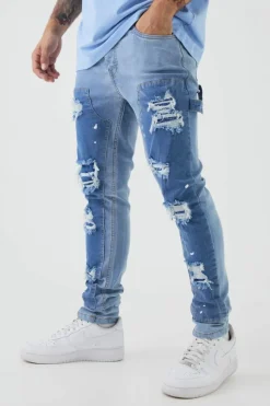 Outlet boohooMAN Skinny Stretch Stacked Carpenter Rip & Repair Denim Jeans light blue