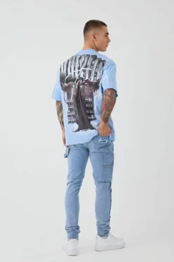 Outlet boohooMAN Skinny Stretch Stacked Carpenter Rip & Repair Denim Jeans light blue