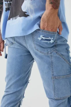 Outlet boohooMAN Skinny Stretch Stacked Carpenter Rip & Repair Denim Jeans light blue
