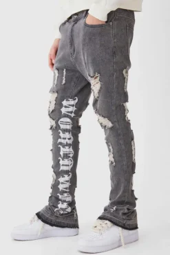 Outlet boohooMAN Skinny Stretch Stacked Distressed Embroidered Gusset Jeans washed black