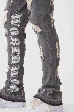 Outlet boohooMAN Skinny Stretch Stacked Distressed Embroidered Gusset Jeans washed black