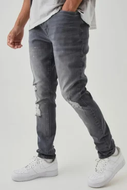 Discount boohooMAN Skinny Stretch Stacked Distressed Paint Splatter Denim Jeans mid grey