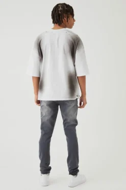 Discount boohooMAN Skinny Stretch Stacked Distressed Paint Splatter Denim Jeans mid grey