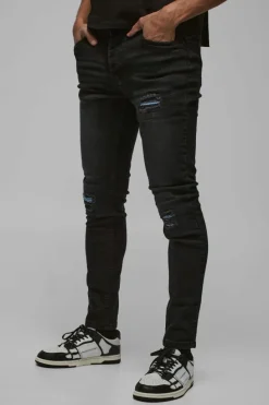 Best boohooMAN Skinny Stretch Pu Biker Rip & Repair Jeans true black
