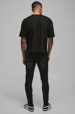 Best boohooMAN Skinny Stretch Pu Biker Rip & Repair Jeans true black