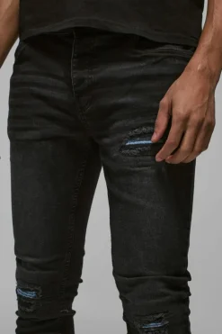 Best boohooMAN Skinny Stretch Pu Biker Rip & Repair Jeans true black