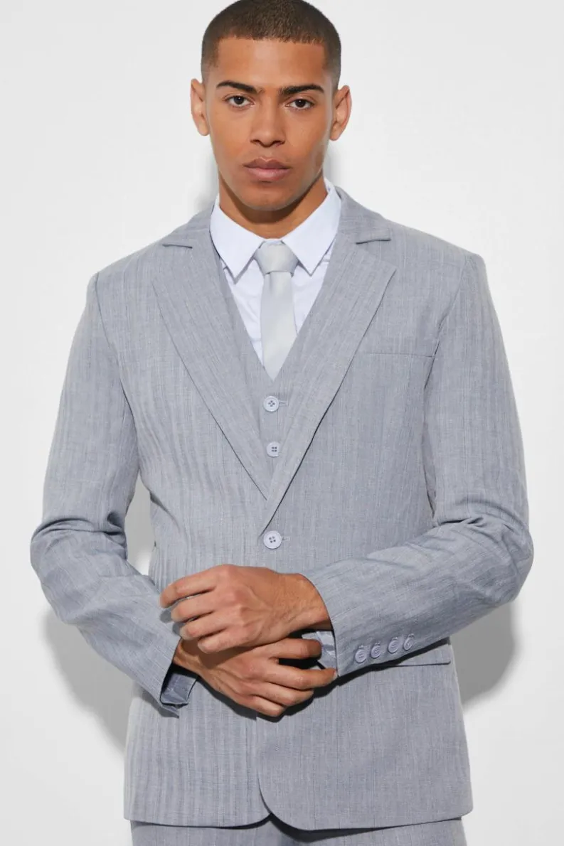 New boohoo Skinny Textured Three Piece Suit navy