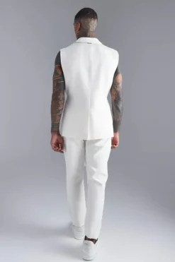 Shop boohooMAN Skinny Zip Suit Trouser ecru