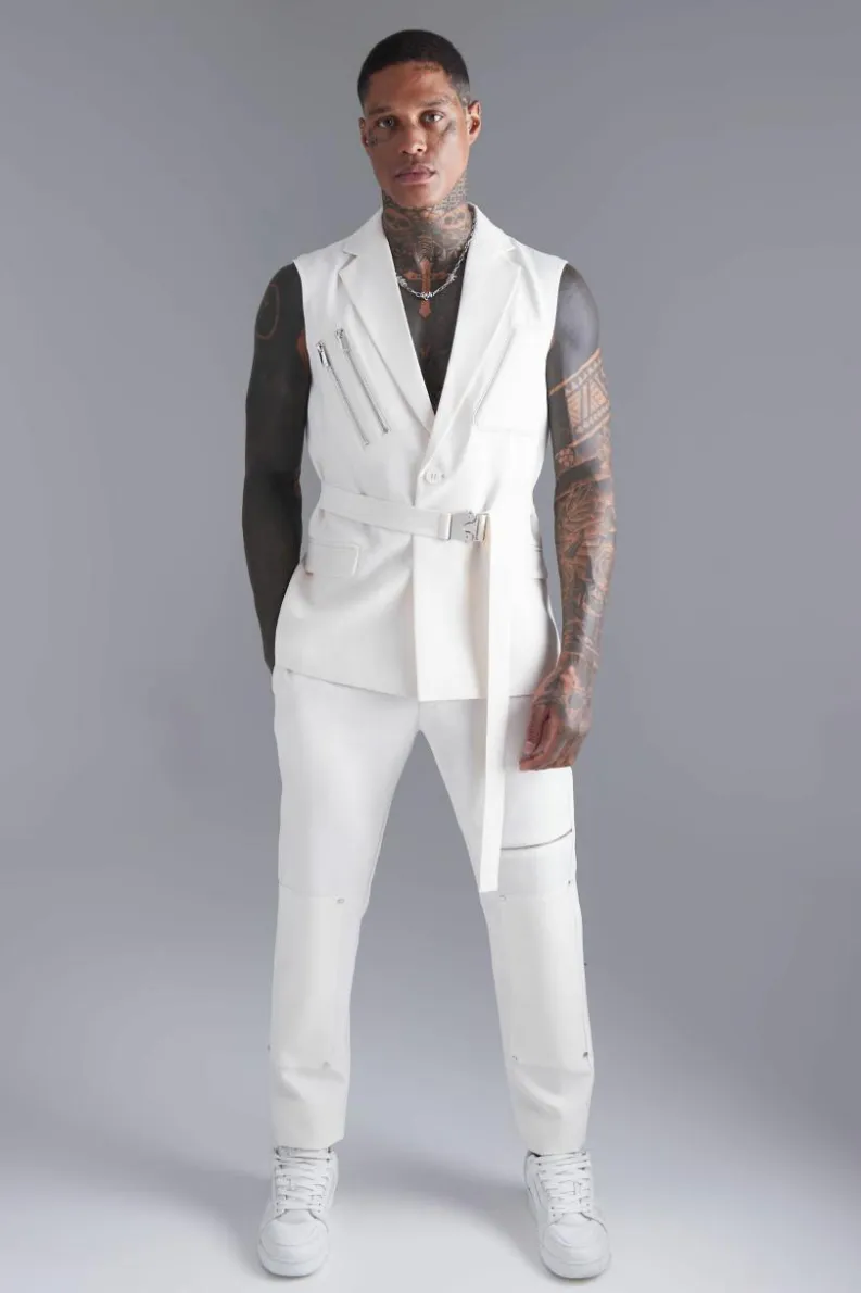 Shop boohooMAN Skinny Zip Suit Trouser ecru