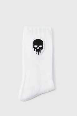 Shop boohooMAN Skull Embroidered Sports Socks white