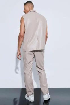 Best boohooMAN Sleeveless Pu Single Breasted Suit Jacket stone