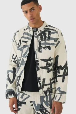 Best Sale boohooMAN Slim Boxy Denim Graffiti Laser Print Biker Jacket ecru