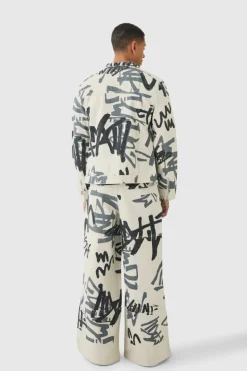 Best Sale boohooMAN Slim Boxy Denim Graffiti Laser Print Biker Jacket ecru