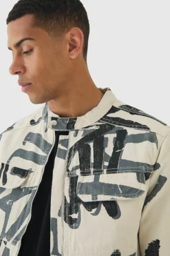 Best Sale boohooMAN Slim Boxy Denim Graffiti Laser Print Biker Jacket ecru