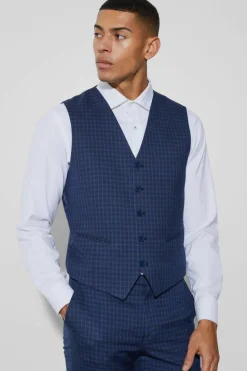 Hot boohooMAN Slim Check Breasted Waistcoat navy