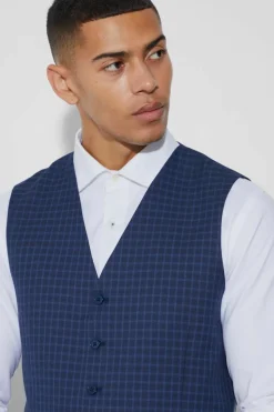 Hot boohooMAN Slim Check Breasted Waistcoat navy