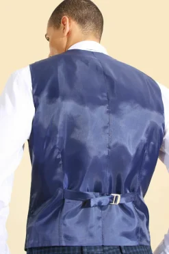 Hot boohooMAN Slim Check Breasted Waistcoat navy
