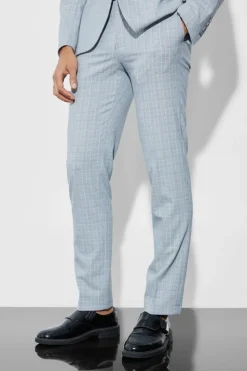 Cheap boohooMAN Slim Checked Suit Trousers light grey