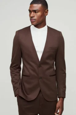 Online boohoo Slim Collarless Jersey Blazer & Trouser Suit brown