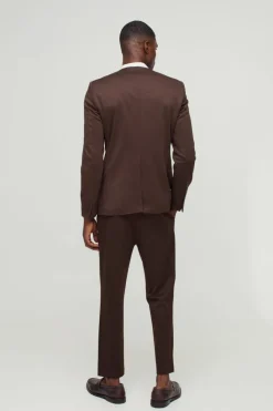 Online boohoo Slim Collarless Jersey Blazer & Trouser Suit brown
