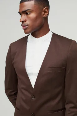Online boohoo Slim Collarless Jersey Blazer & Trouser Suit brown