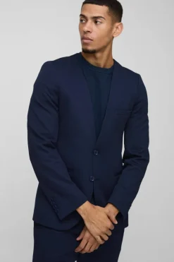 Best boohooMAN Slim Collarless Waffle Texture Blazer navy