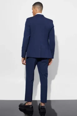 Cheap boohooMAN Slim Cropped Suit Trousers navy