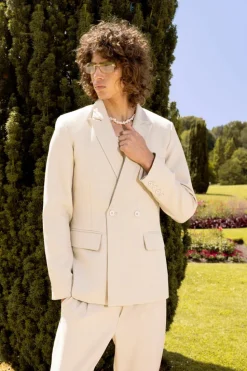 Online boohooMAN Slim Double Breasted Texture Suit Jacket beige