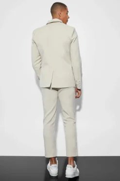 Online boohooMAN Slim Double Breasted Texture Suit Jacket beige