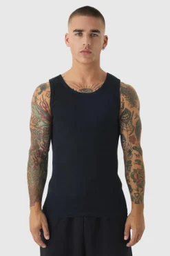 New boohooMAN Slim Fit Branded Ribbed Vest black