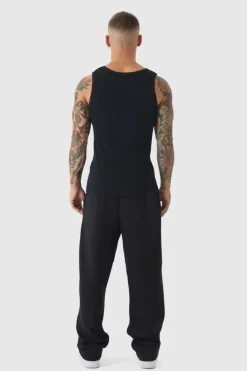 New boohooMAN Slim Fit Branded Ribbed Vest black