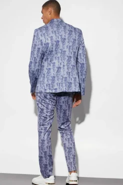 Flash Sale boohoo Slim Fit Dragon Printed Wrap Suit ice blue
