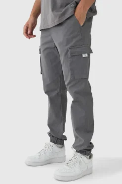 Clearance boohooMAN Slim Fit Elasticated Waist Woven Tab Cuffed Cargo Trousers charcoal