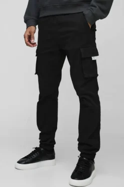 Best Sale boohooMAN Slim Fit Elasticated Waist Woven Tab Cuffed Cargo Trousers black