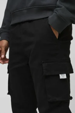 Best Sale boohooMAN Slim Fit Elasticated Waist Woven Tab Cuffed Cargo Trousers black