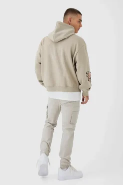 Store boohooMAN Slim Fit Elasticated Waist Woven Tab Cuffed Cargo Trousers stone