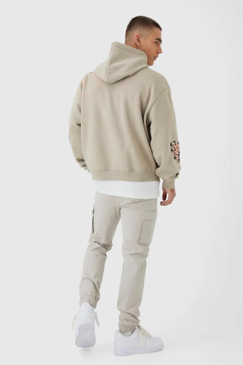 Store boohooMAN Slim Fit Elasticated Waist Woven Tab Cuffed Cargo Trousers stone