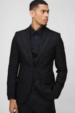 Online boohooMAN Slim Fit Flock Velour Blazer black