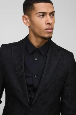 Online boohooMAN Slim Fit Flock Velour Blazer black