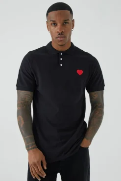Shop boohooMAN Slim Fit Heart Short Sleeve Pique Polo black