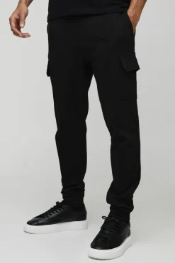 Online boohooMAN Slim Fit Heavyweight Interlock Cargo Jogger black