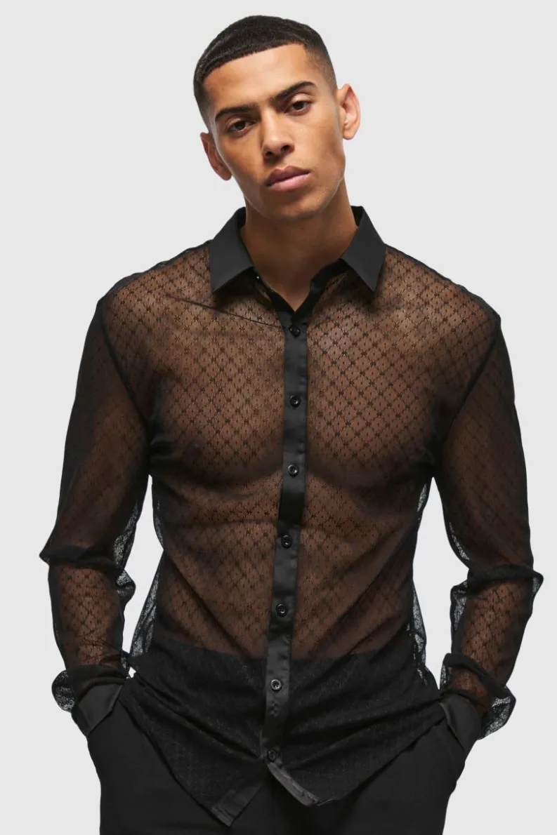 Cheap boohooMAN Slim Fit Long Sleeve Lace Shirt black