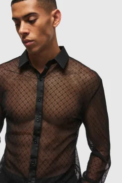 Cheap boohooMAN Slim Fit Long Sleeve Lace Shirt black