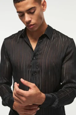 Online boohooMAN Slim Fit Long Sleeve Mesh Shirt black