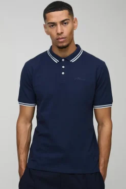Cheap boohooMAN Slim Fit Man Signature Tipped Pique Polo mid navy