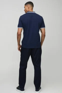 Cheap boohooMAN Slim Fit Man Signature Tipped Pique Polo mid navy