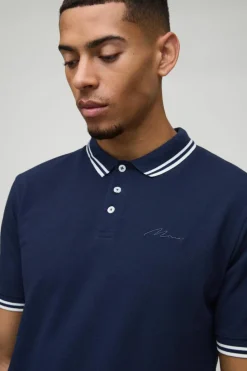 Cheap boohooMAN Slim Fit Man Signature Tipped Pique Polo mid navy