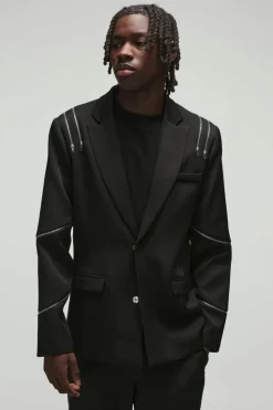 Shop boohoo Slim Fit Multi Zip Detail Blazer & Trouser Suit black